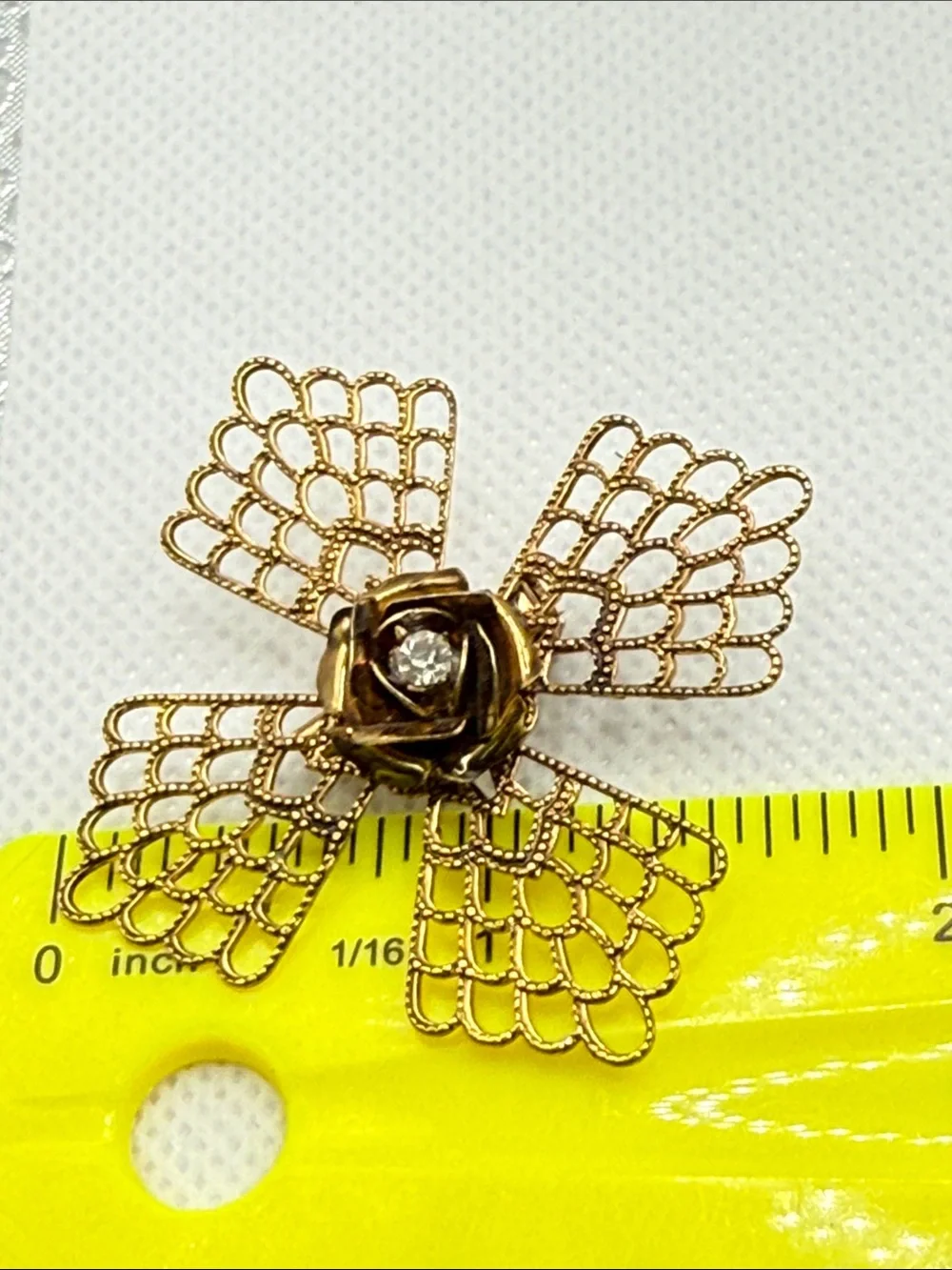 Gold Filigree Floral Brooch with Clear Crystal Center